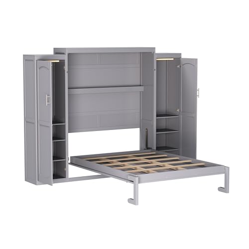 KLMM Wooden Murphy Bed Wall Bed with 2 Wardrobe and Storage Shelf,Foldable Platform Bedframe for Guest-Room Bedroom Study Office Use (White#E, Full)