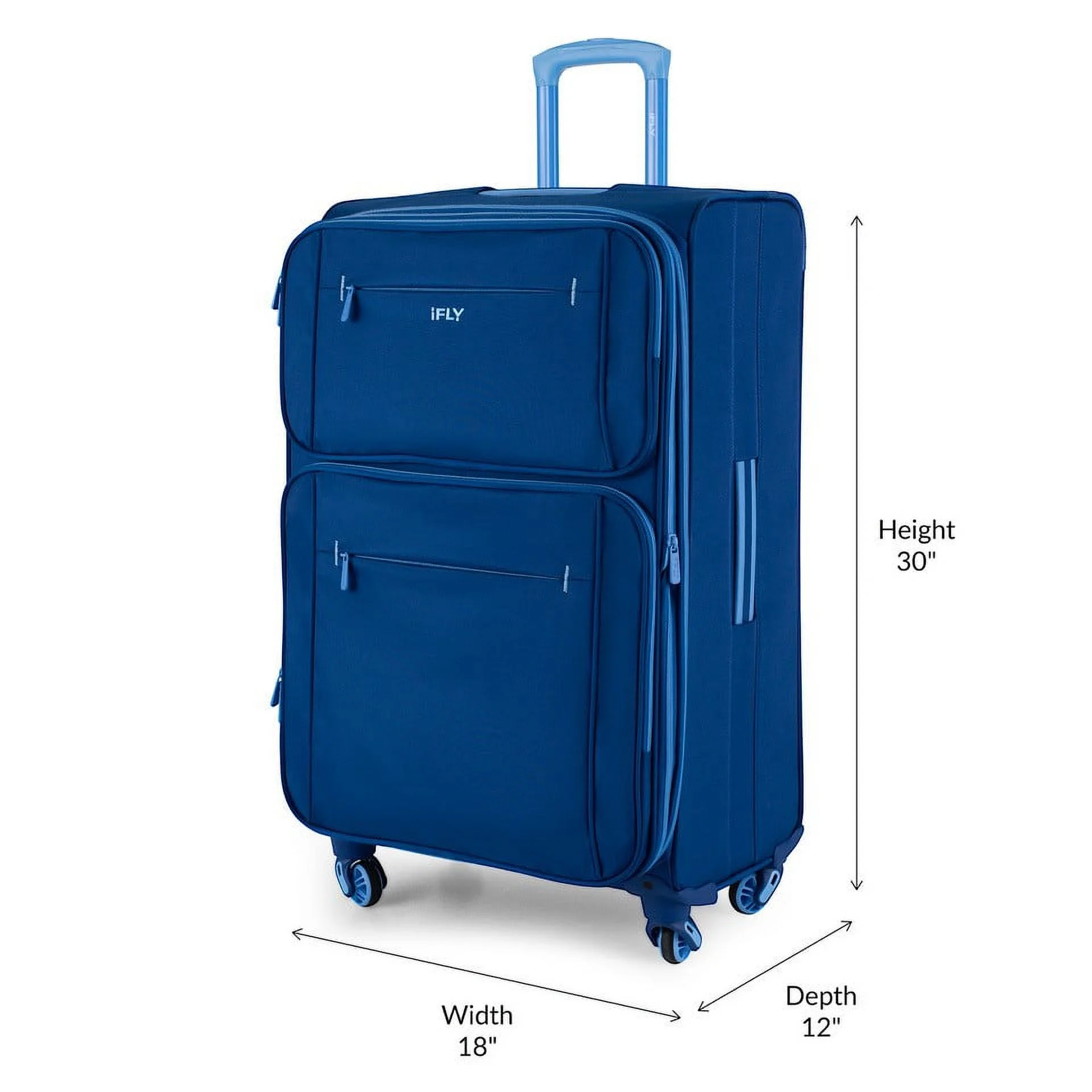 iFLY Softside Accent 3 Piece Set 4-Wheel Spinner, 20" Carry-on, 24" Checked Luggage and 28" Checked Luggage, Navy/Light Blue