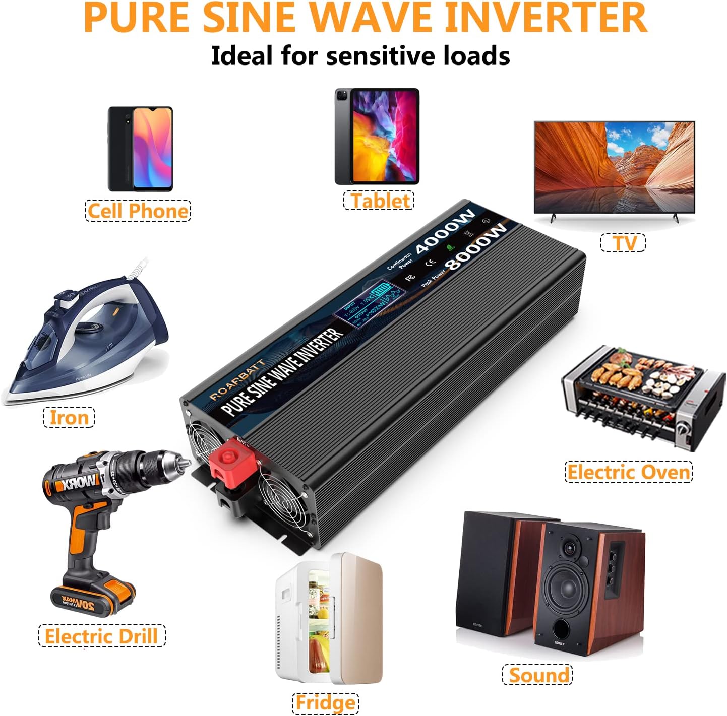 Pure Sine Wave Power Inverters 4000Watt 12V DC to AC 110V 120V Peak Power 8000Watt with Remote Control 4 AC Outlets and Dual USB Port for CPAP RV Car Solar System Emergency