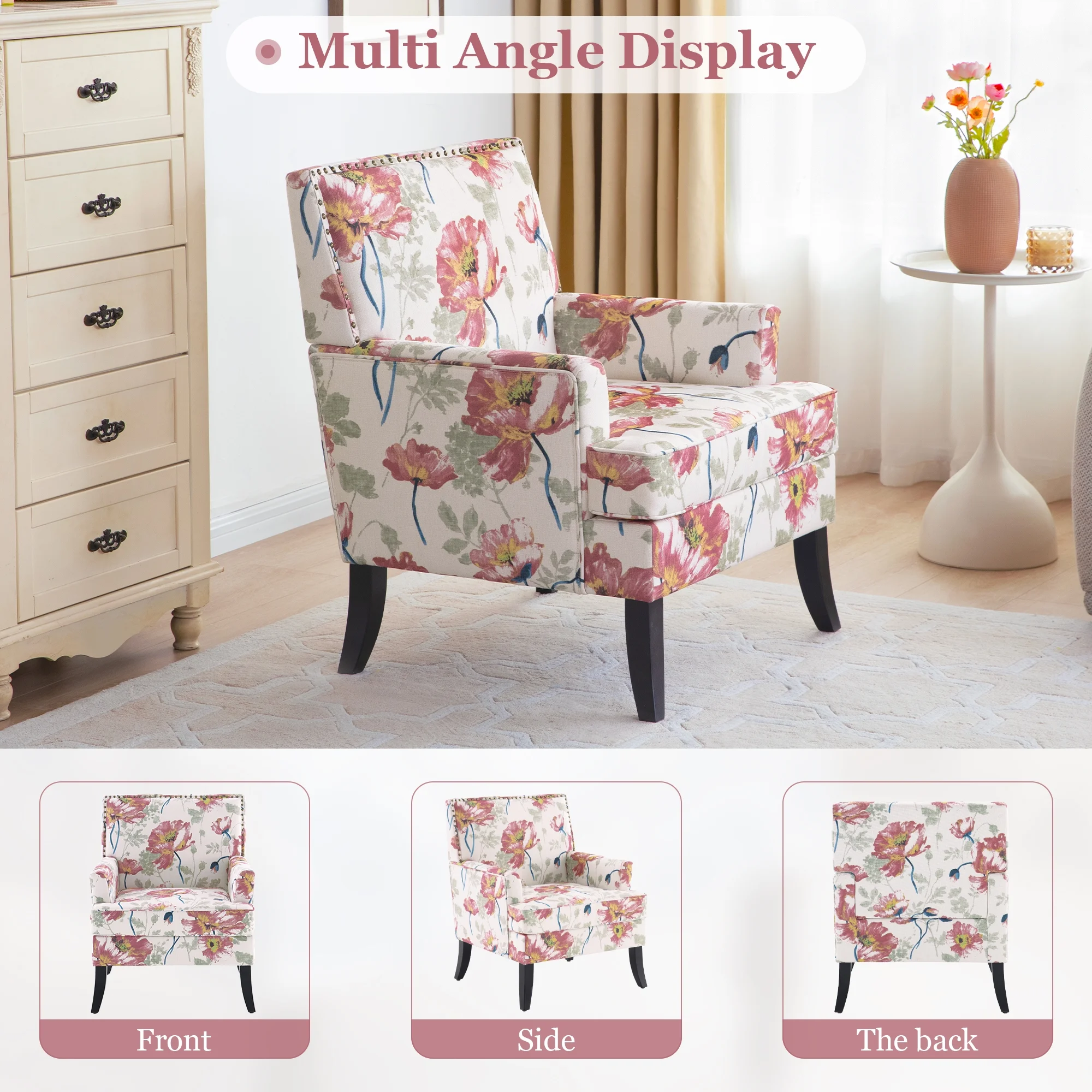 HUIMO Living Room Chair Set of 2, Upholstered Printed Accent Chair with Wooden Legs, Club Armchair with Rivets Holds 300 lbs, Comfy Reading Sofa Chair for Bedroom, Study (Red Floral)