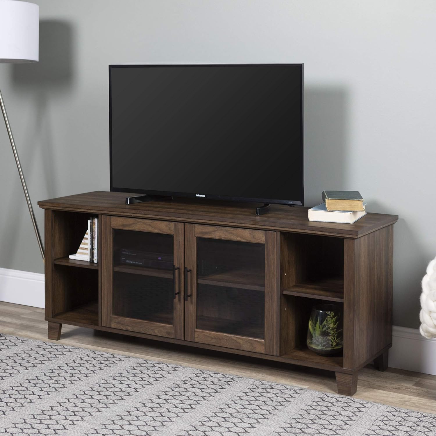 Walker Edison Farmhouse Glass and Wood TV Stand for TV's up to 80 Universal TV Stand for Flat Screen Living Room Storage Cabinets and Shelves Entertainment Center, 70 Inch, White Oak