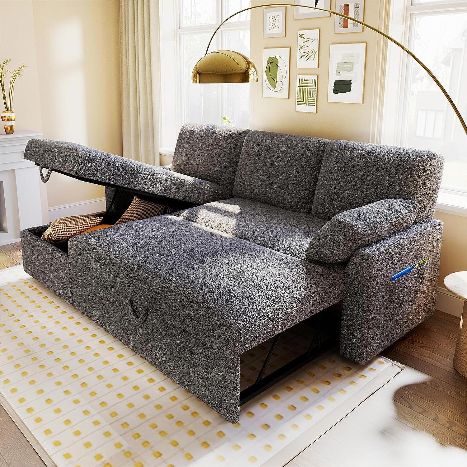 Papajet Sofa Bed, Sleeper Sofa with Storage Chaise, Pull Out Couch for Living Room- Gray Chenille