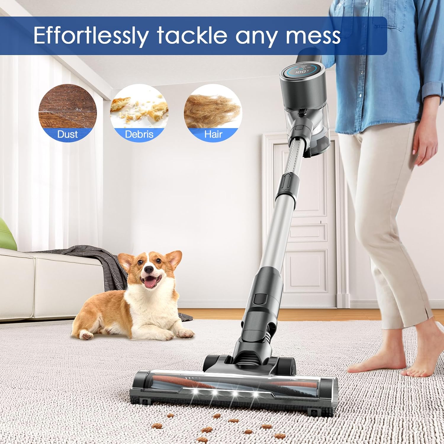 Cordless Vacuum Cleaner with 2 Batteries, 450W 33Kpa Stick Vacuum Up to 100min Runtime, Lightweight Cordless Vacuum with LED Display Brushless Motor for Pet Hair Carpet Hard Floor (Grey)
