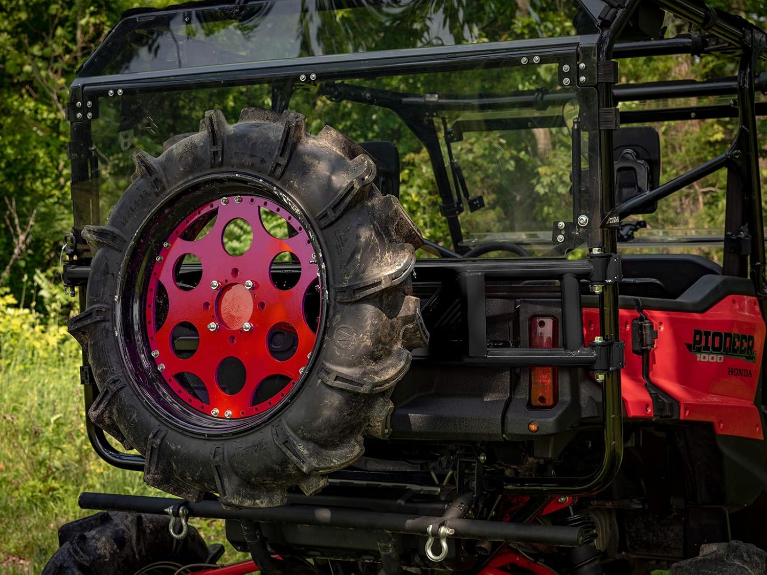 SuperATV UTV Spare Tire Carrier Compatible with 2016+ Honda Pioneer 1000-5/1000-5 Deluxe | 2017+ 1000-5 Limited Edition | No Drilling or Welding | Accommodates Tires of All Sizes (up to 70 pounds)