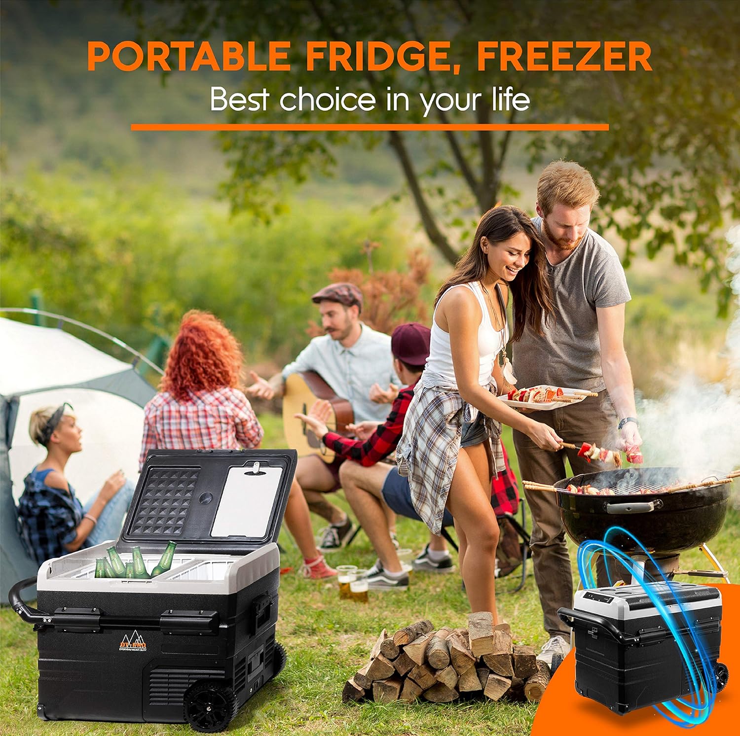 Portable Refrigerator Battery Operated Camping Fridge, Off grid solar powered cooler with Wheels, Reliable LG Compressor Fast Cooling + Eco mode, dual zone freezer temp' Range -4℉-68℉, Smart APP Control, Electric Iceless travel Freezer & warmer, Rech