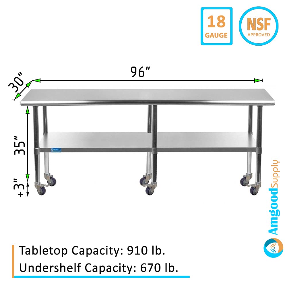 AmGood 18 x 48 Stainless Steel Work Table with Casters | Heavy Duty Metal Utility Table On Wheels | Kitchen Island Cart