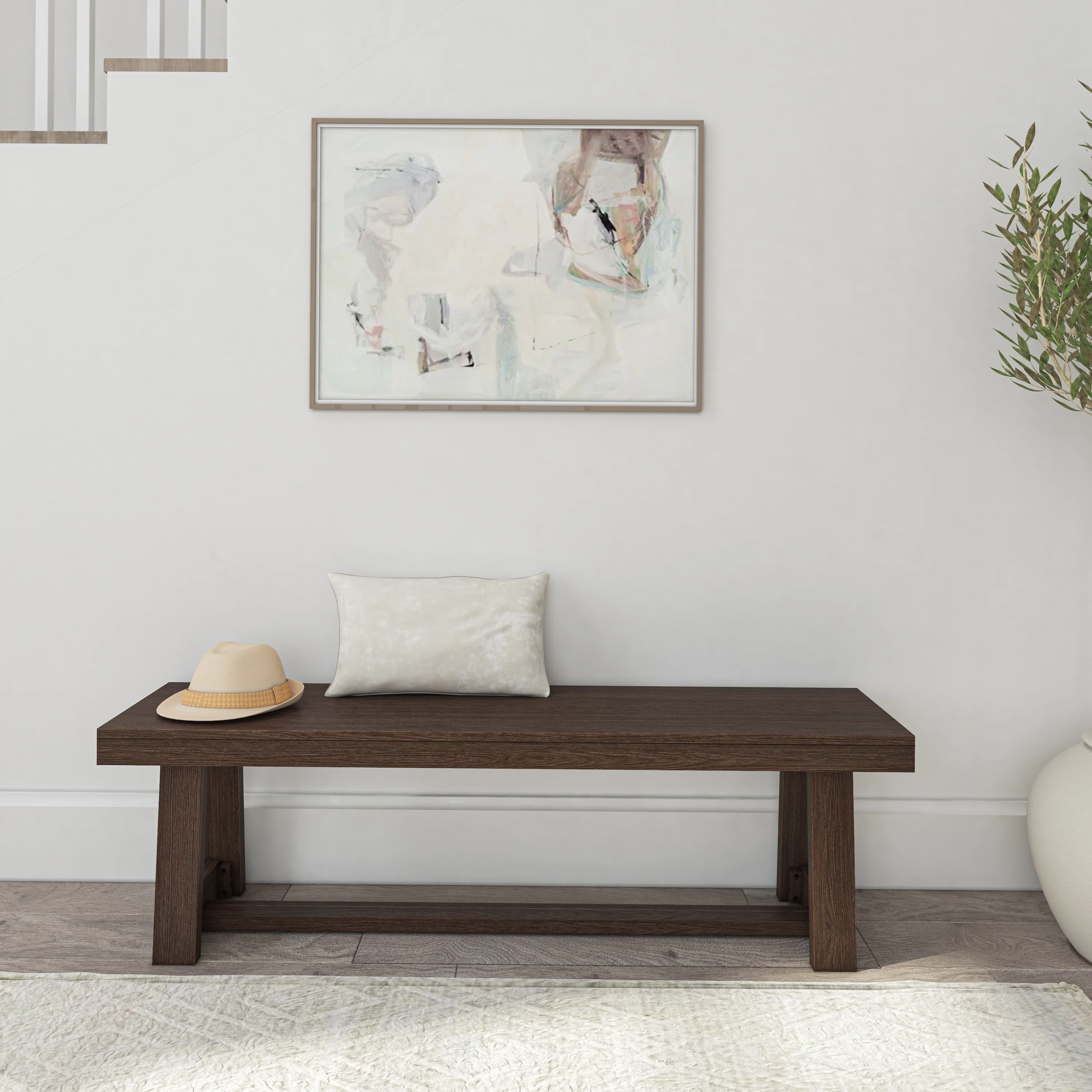 Plank+Beam 60" Classic Farmhouse Dining Bench, Solid Wood Kitchen Dining Seat, Outdoor Bench, Walnut Wirebrush