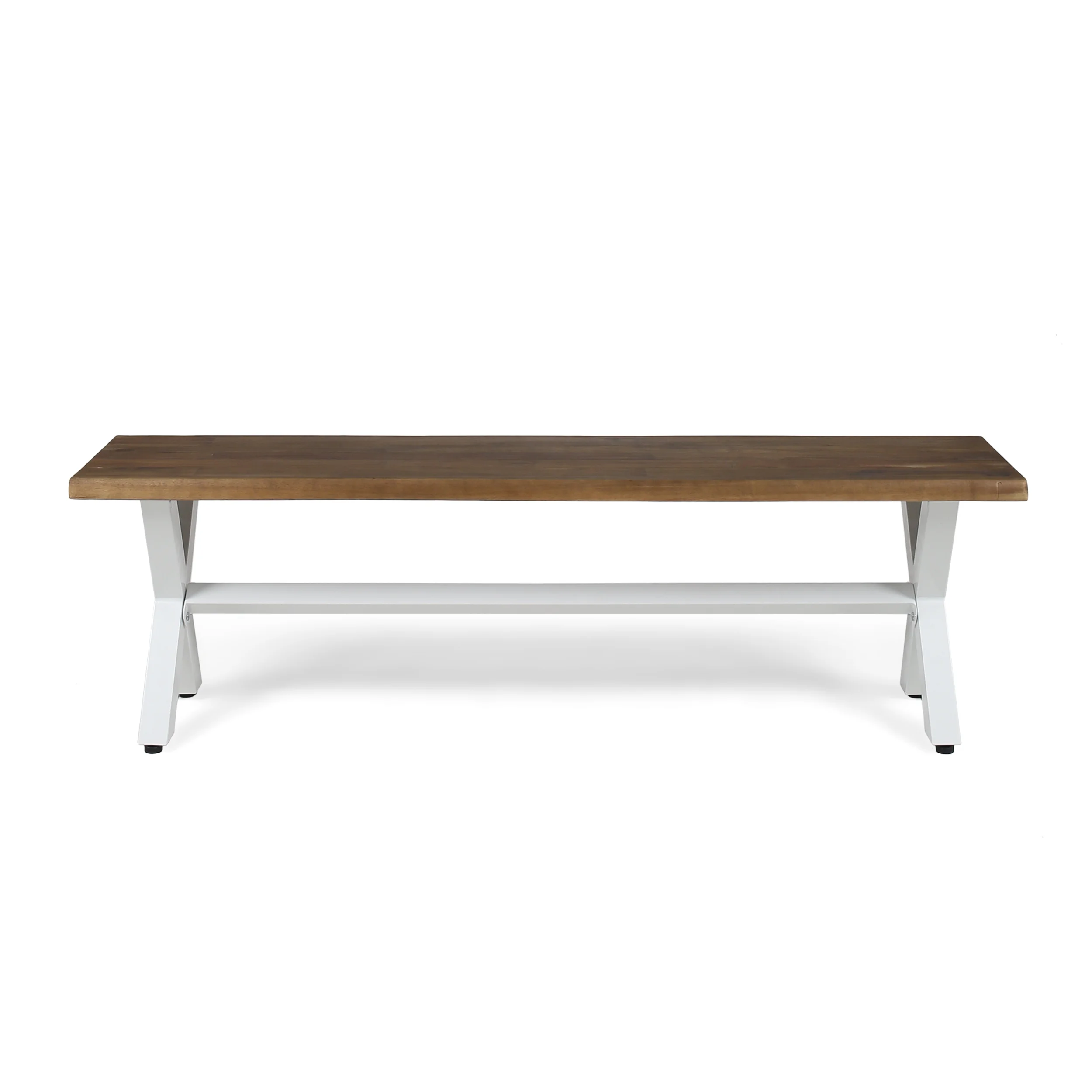 Cassie Outdoor Acacia Wood Dining Bench with Iron Legs, Dark Oak and White Rustic Metal