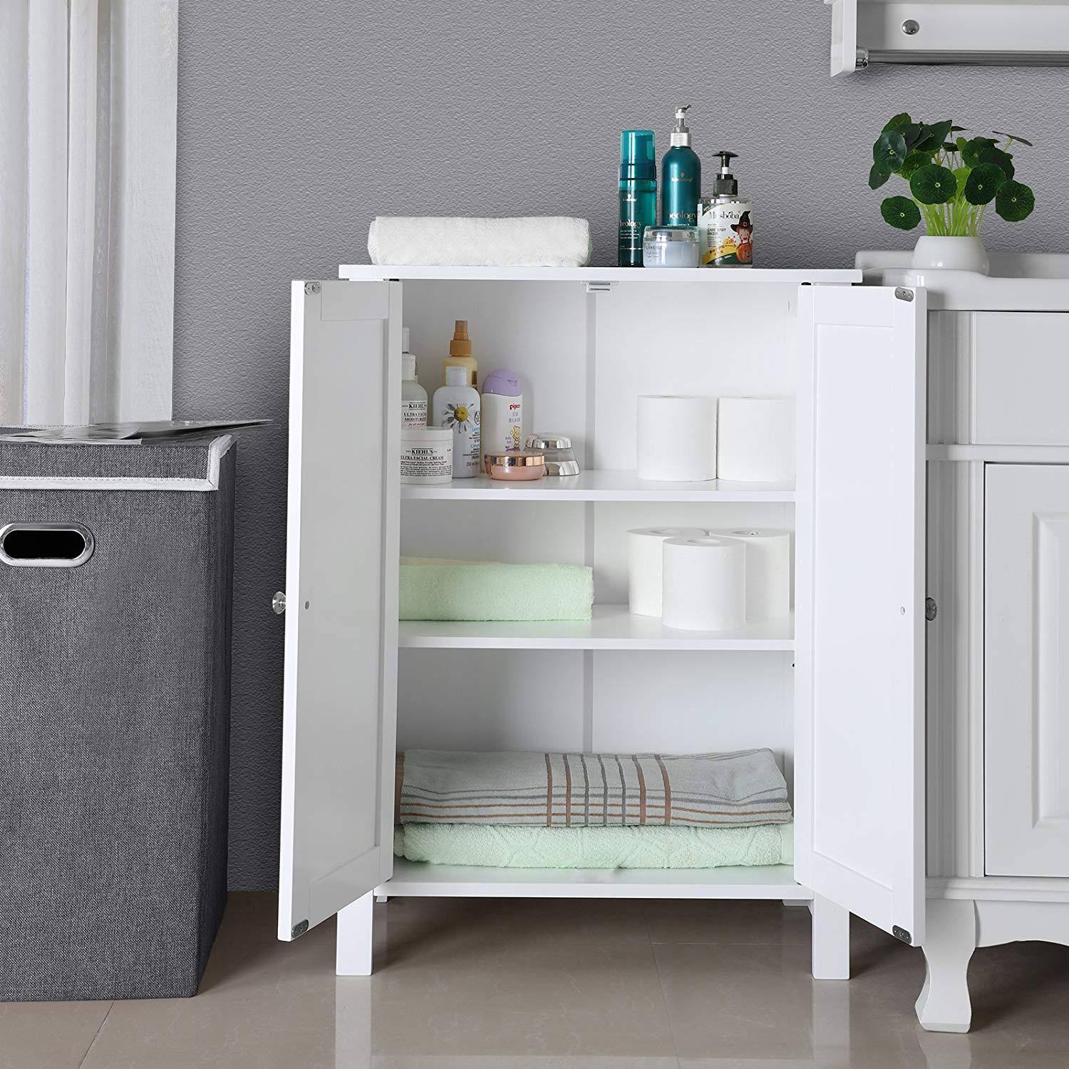 Fch Bathroom Floor Cabinet, Free Standing Side Cabinet Storage Organizer with Double Doors and Adjustable Shelf White