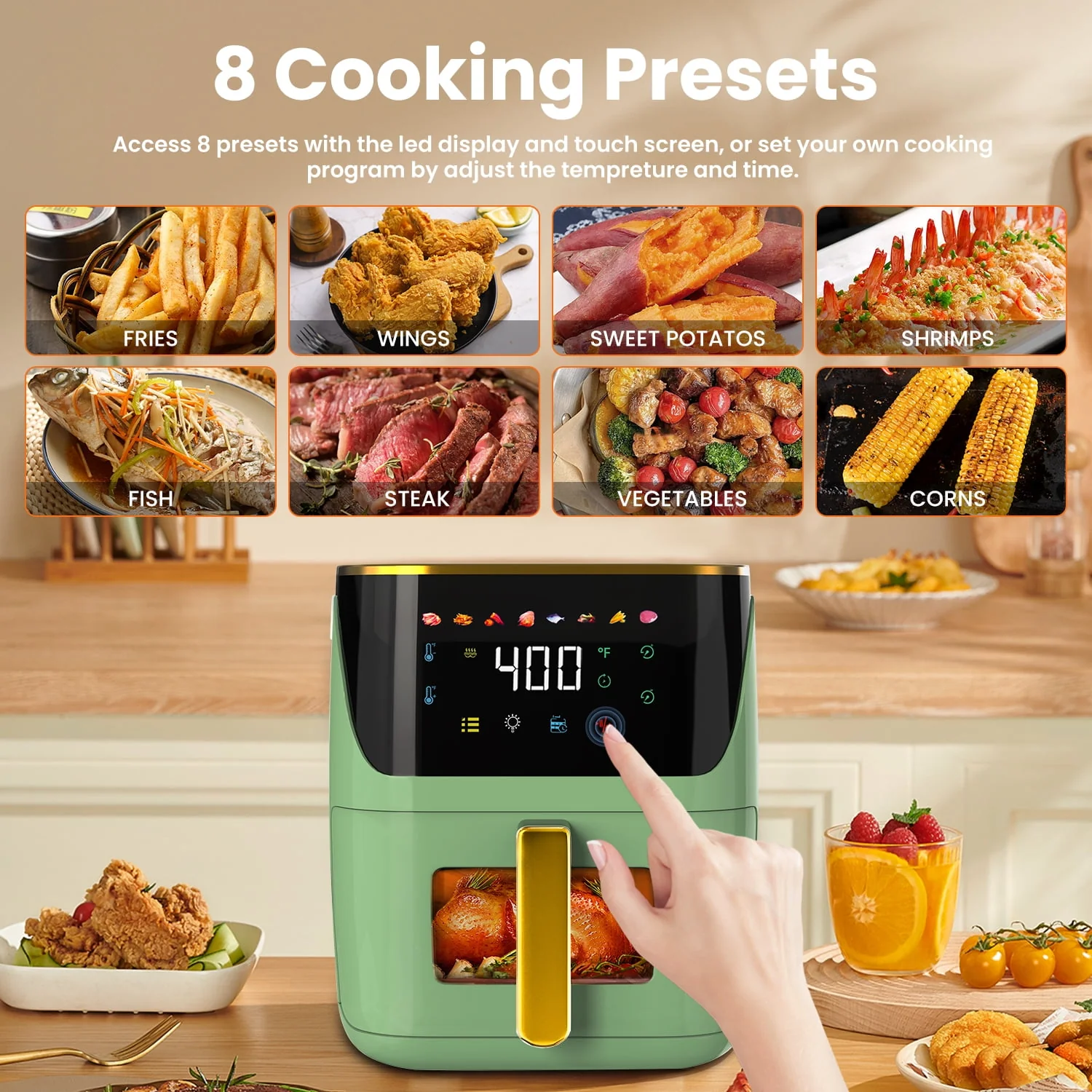 Newest Air Fryer Large 8.5 QT, White, 8 in 1 Touch Screen, Visible Window, 1750W