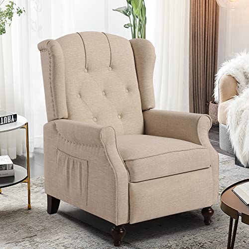 Wingback Recliner Chair with Massage and Heat, Tufted Fabric Pushback Recliner Chair, Wingback Chair with Remote Control, Padded Cushion, Wooden Legs, Small Recliners for Small Spaces
