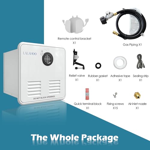 RV Tankless Water Heater DC 12V Instant Endless Hot Water with 15 x 15 inches White Door and Remote Controller LCD Display Compatible with all RV