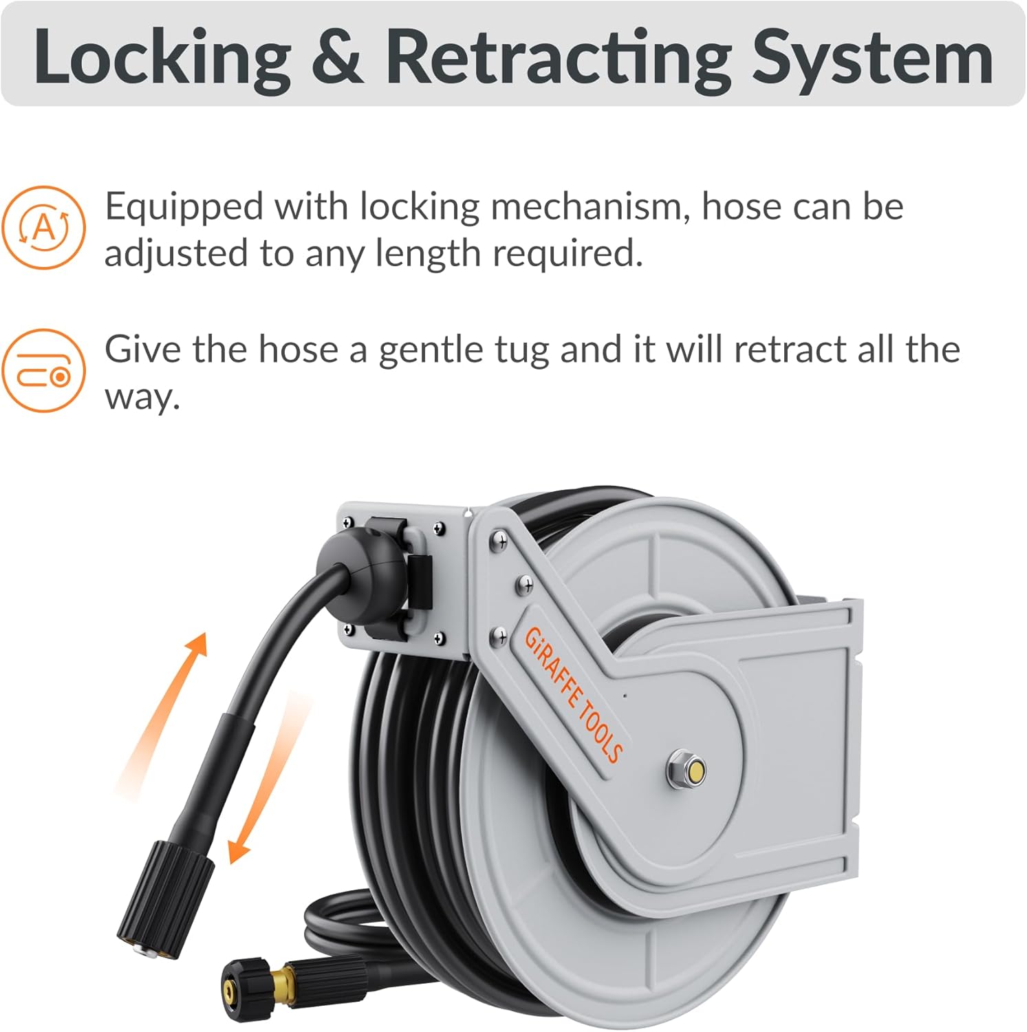 Giraffe Tools Pressure Washer Hose Reel, 1/4" x 65 ft Retractable Pressure Washer Reel,Steel Power Reel, Wall/Ceiling/Floor Mounted, 3200PSI, 2 * M22-15mm Connectors, Heavy Duty