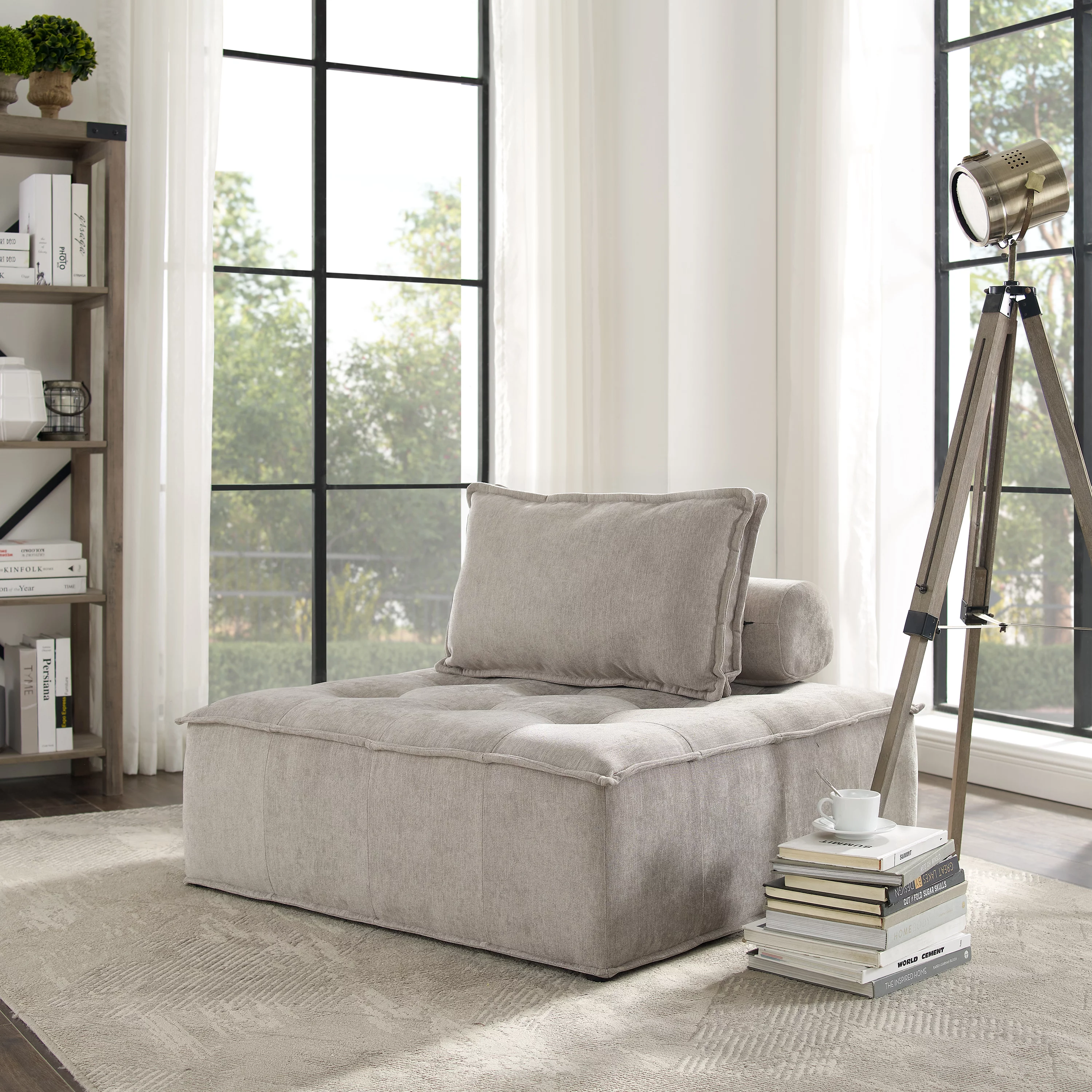 Art Leon Sectional Sofa Fabric Upholstered Button Tufted Beige