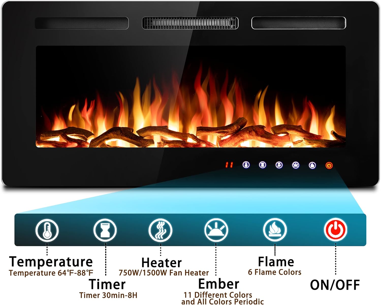 SUNNY FLAME 36 Inch Electric Fireplace Insert and Wall Mounted, Fireplace Heater, Log Set & Crystal Options, Remote Control with Timer, Adjustable Flame Color 750/1500W Heat