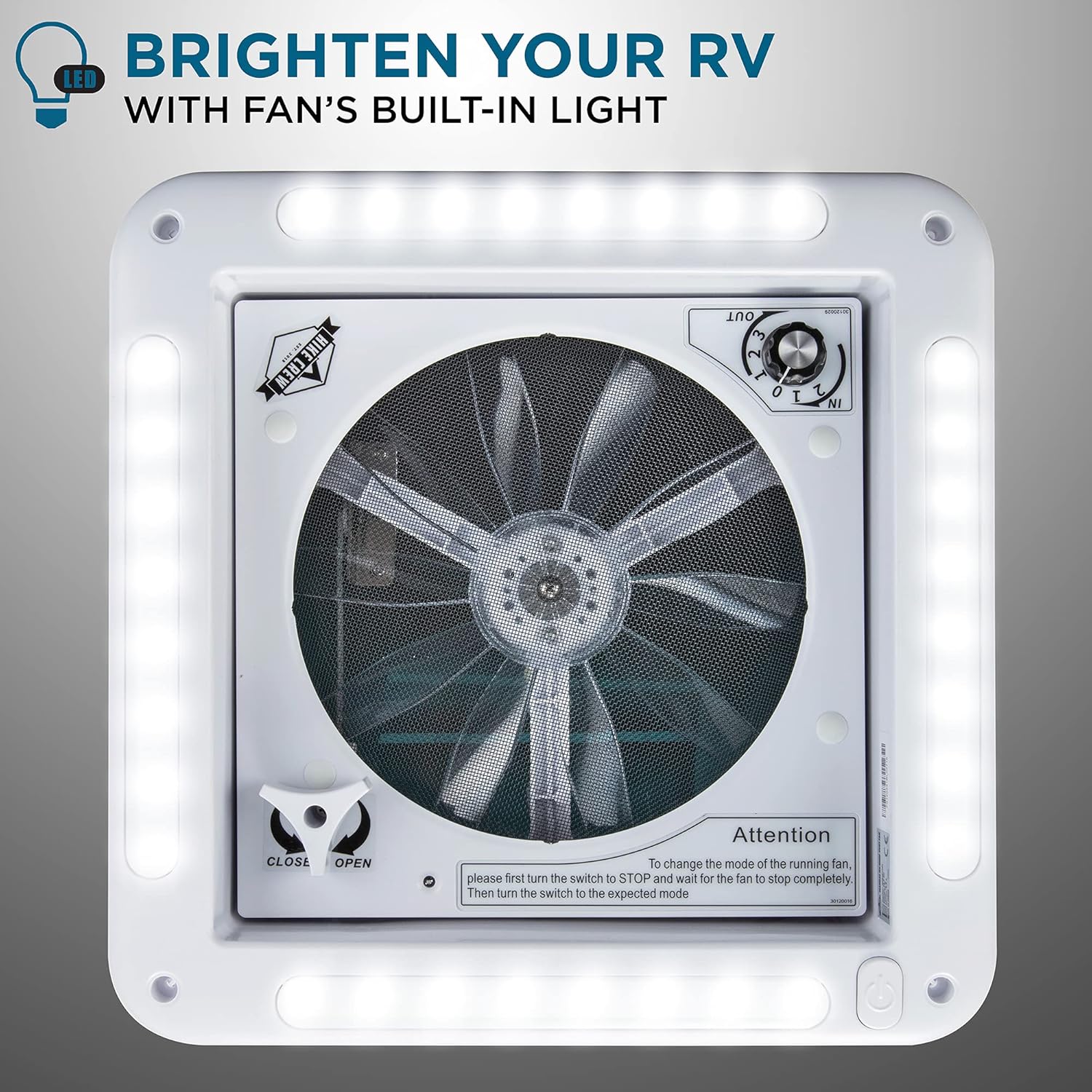 Hike Crew 11” RV Roof Vent Fan w/LED Light | 12V 3-Speed Intake & Exhaust Camper Fan | Manual Open/Close | Includes Screws & Garnish | Smoked Lid