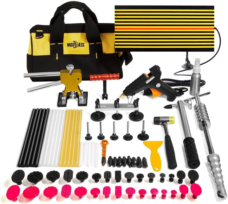 Mookis Paintless Dent Repair Kit 77PCS Dent Remoal Kit with Golden Dent Lifter, Slider Hammer, Bridge Dent Puller Kit for All Kinds of Car Body Dent Remover