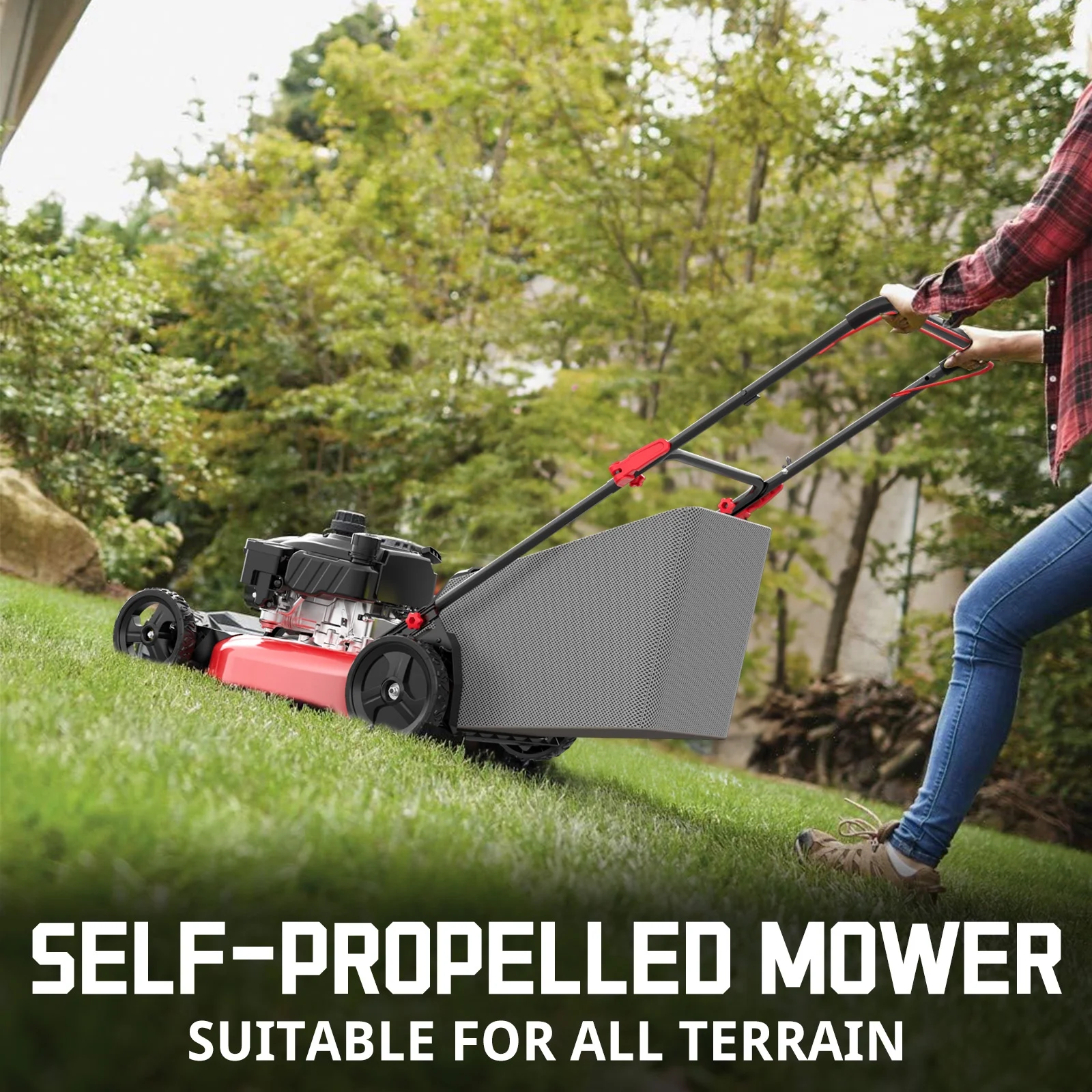 PowerSmart Gas Lawn Mower, 170cc Self-Propelled, 21 inches Cutting Blade, Quick Fold & Unfold Design
