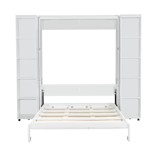 KLMM Wooden Murphy Bed Wall Bed with 2 Wardrobe and Storage Shelf,Foldable Platform Bedframe for Guest-Room Bedroom Study Office Use (White#E, Full)