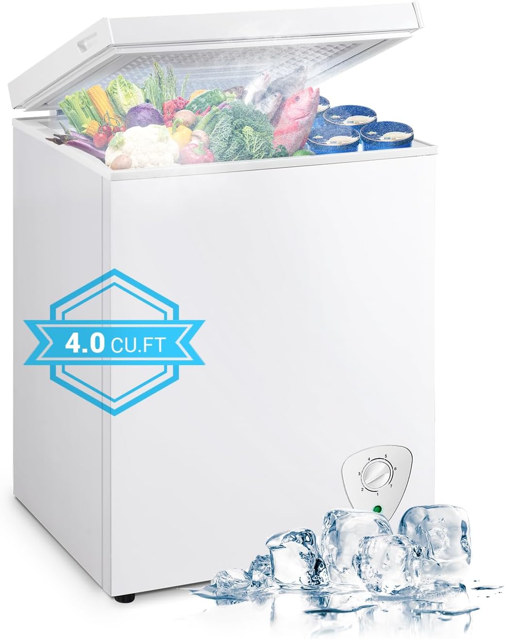 Chest Freezer Small Deep Freezer Chest Freezer 4.0 cu.ft Compact Freezer Top Door Freezer, White Deep Freezer 7-grade Temperature Control with Removable Basket, Applicable to Kitchen Office Bar
