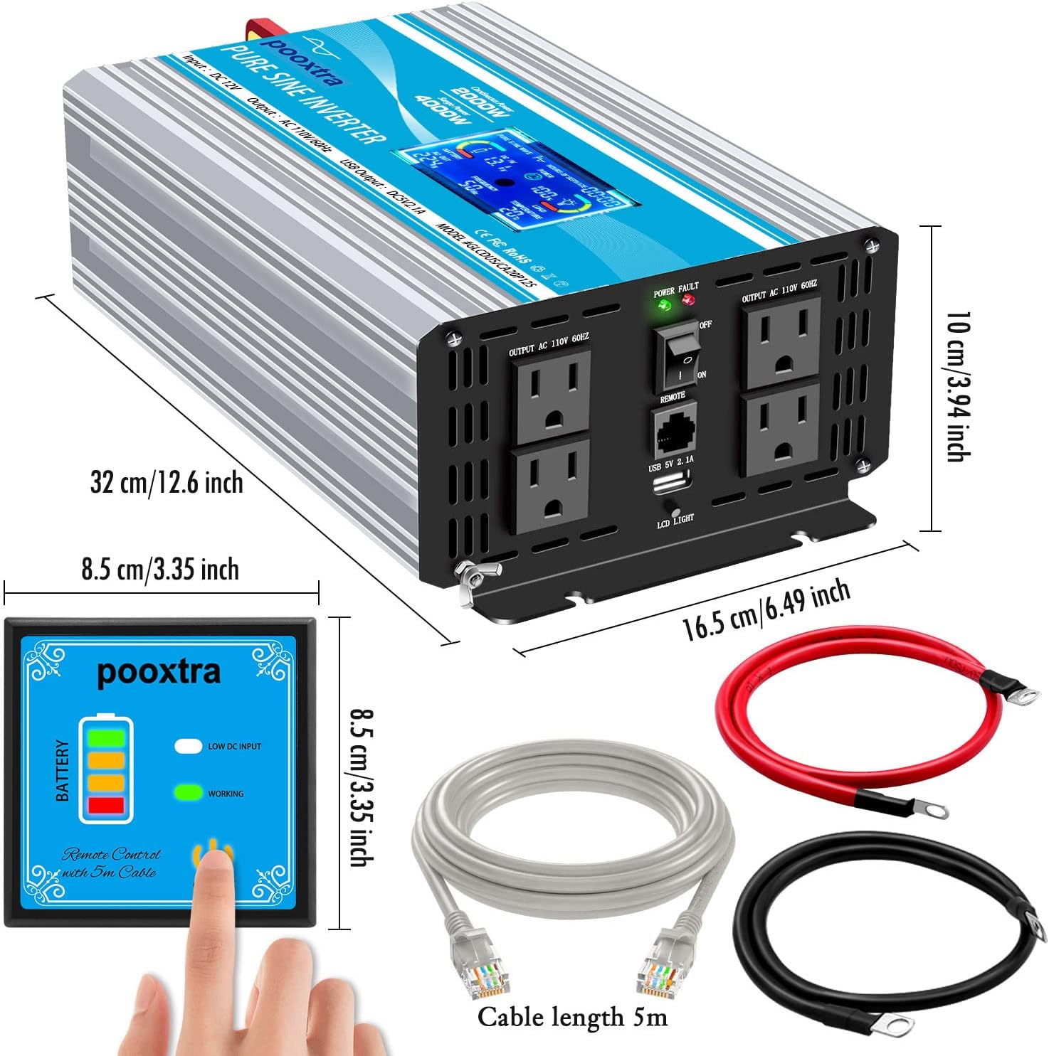 2000 Watt Pure Sine Wave Inverter 12V DC to 110V/120V AC Power Converter with LCD Display & USB Port +4 AC Outlets Car Power for Home RV Trucks Car Emergency to Use(4000 Peak Power)