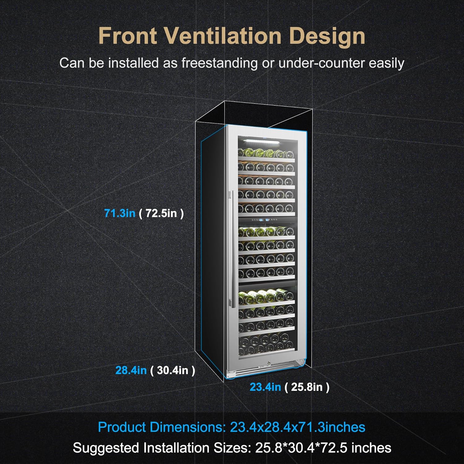 Wine Cooler Refrigerator 143 Bottle Triple Zone Wine Fridge, Seamless Stainless Steel Trimmed Door, 24 Inch