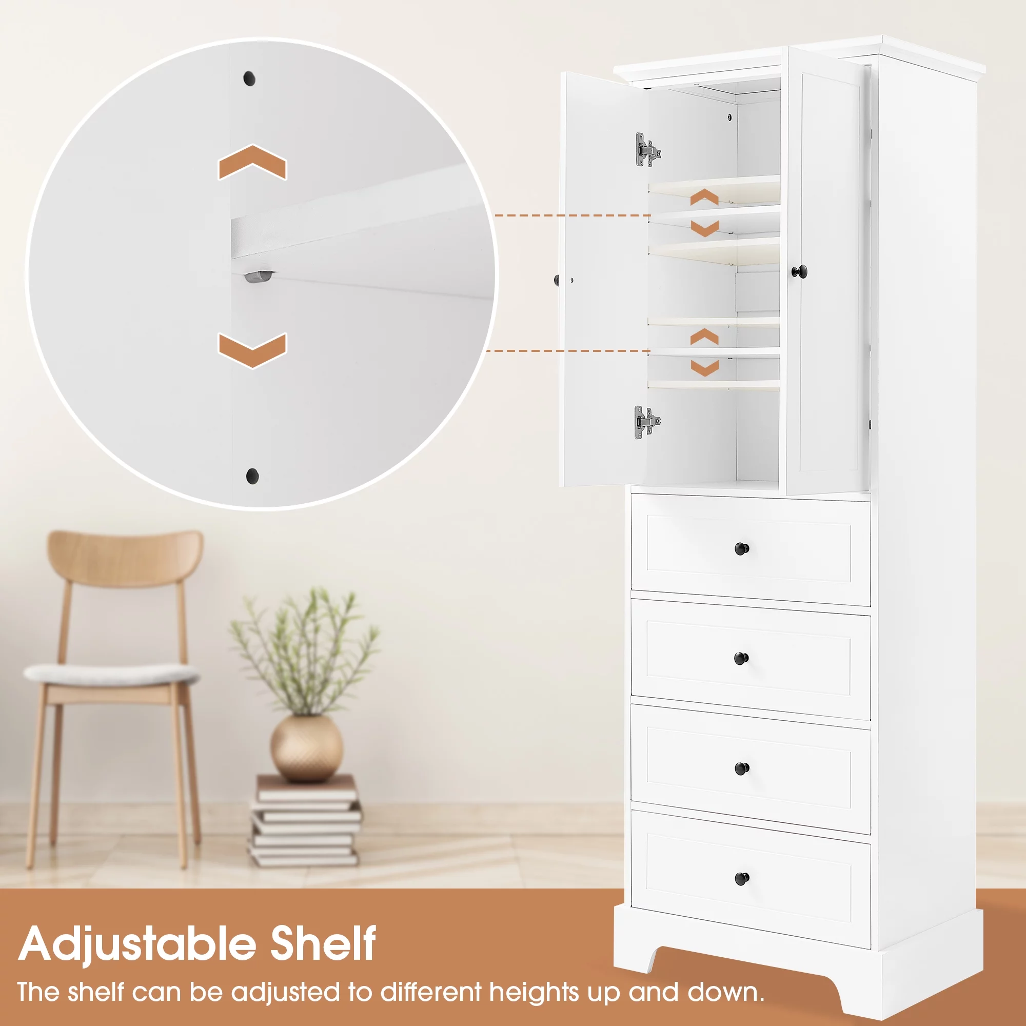 Hombay Tall Bathroom Storage Cabinet with 2 Doors and 4 Drawers, Wood Freestanding Cupboard Pantry with Adjustable Shelves for Living Room Bedroom Kitchen