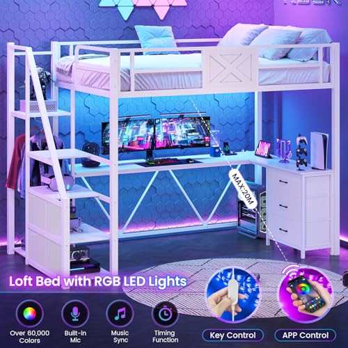 Itaar Stairway Twin Size Loft Bed with L Shaped Desk and Wardrobe, Metal Loft Bed Frame with Storage Stairs,3 Fabric Drawers, LED Lights & Charging Sation,No Noise & No Box Spring Needed, White