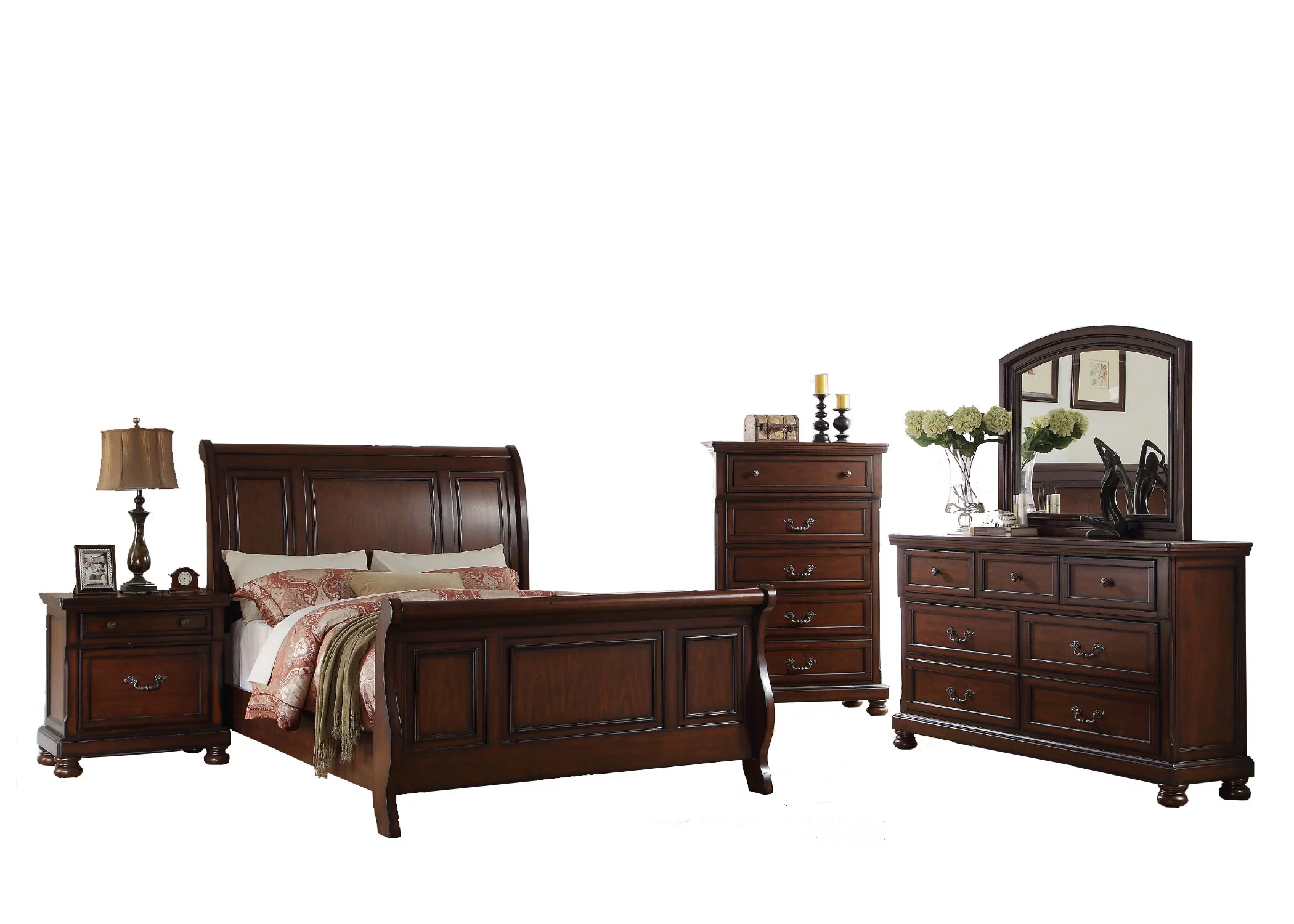 Formal Traditional Cherry Veneer 4pc Bedroom Furniture Eastern King Size Bed Dresser Mirror Nightstand Storage Bed