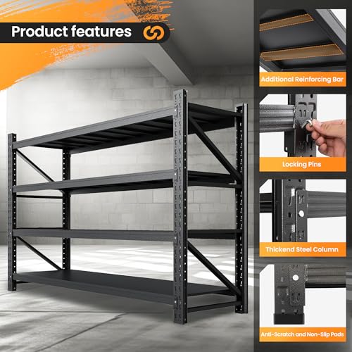 71” W Storage Shelves Heavy Duty, 5000LBS Metal Garage Shelving Units, 4 Tier Storage rack shelf, Steel Industrial Shelving , Adjustable Standing Shelf for Basement/Warehouse 71"W x 24"D x 70"H, Black