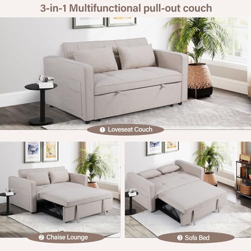 3-in-1 Convertible Sleeper Sofa Bed, Futon Couches with Pullout Bed, 2-Seater Loveseat Sofa with Storage Pockets, Adjustable Backrest and Toss Pillows for Living Room Apartment, Grey