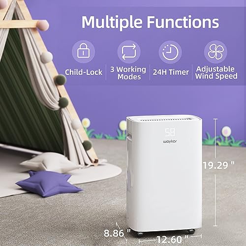 Waykar 50 Pints Dehumidifier for Home, 4500 Sq. Ft Dehumidifiers for Basement with Drain Hose, Auto-Defrost and Dry Clothes Function, Intelligent Humidity Control