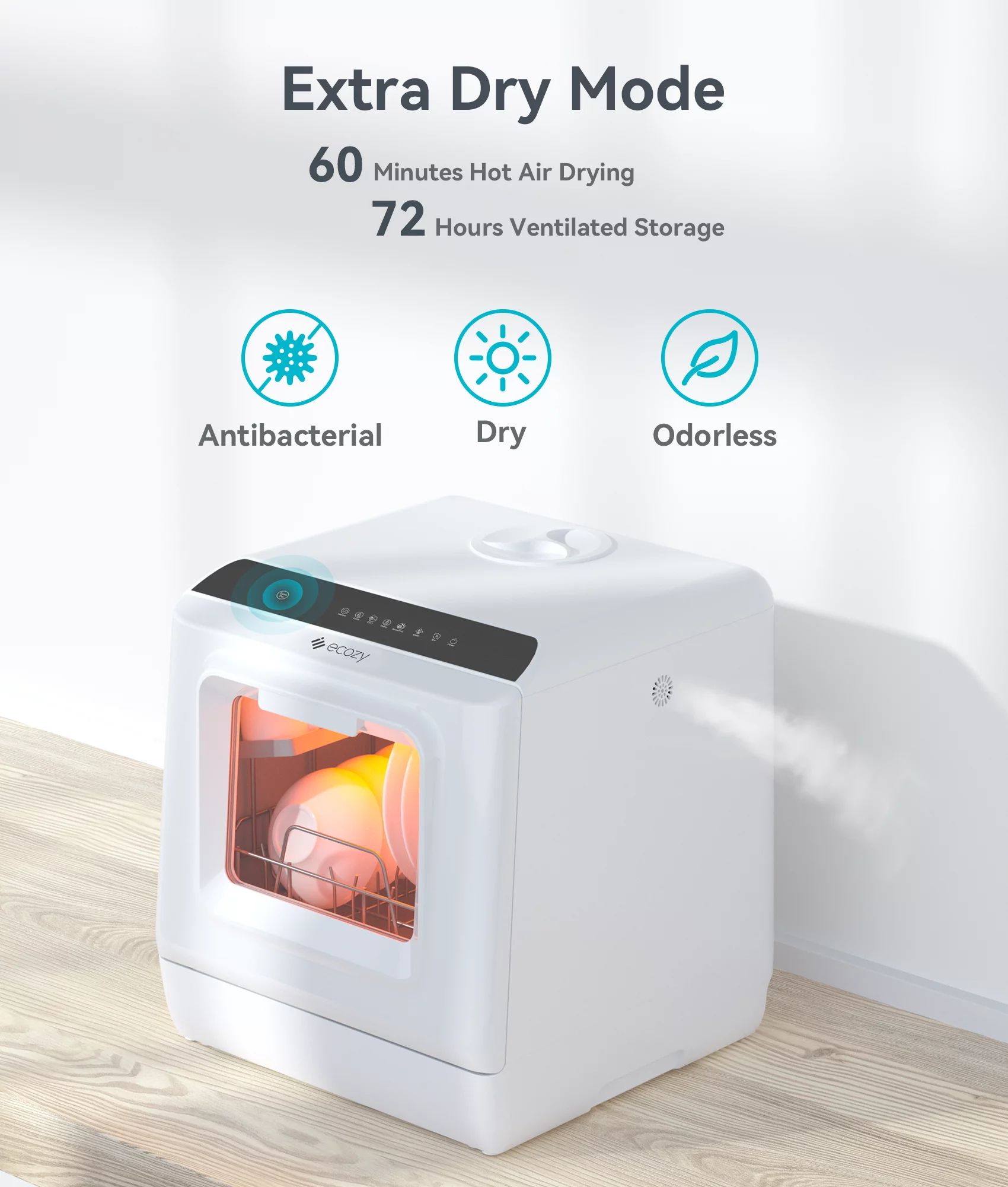 ecozy Countertop Dishwasher Portable with a Built-in 5L Water Tank, No Hookup Needed, 5 Washing Programs, Extra Dry Function, CT200A