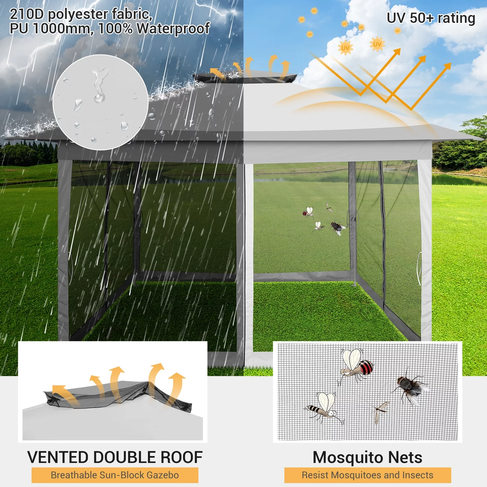 SANOPY 12x12FT Outdoor Gazebo Pop Up Gazebo with Mosquito Netting, Instant Patio Canopy Tent for Shade and Rain, 2 Tiered Vente Gazebo Canopy UPF 50+ for Garden Backyard with Carry Bag&4 Sandbags