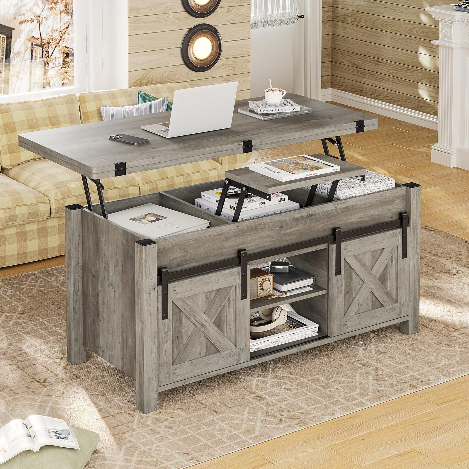 Lift Top Coffee Table with Storage,4 in 1 Multi-Function Convertible Coffee Tables with Hidden Storage Compartment, Farmhouse Dining Table for Living Room, Grey - Curated Treasures Market