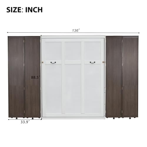 MERITLINE Foldable Hidden Queen Murphy Bed Cabinet with Storage Bookshelf Bookcase, Wood White Murphy Wall Bed with Storage Shelves for Adults (Espresso)