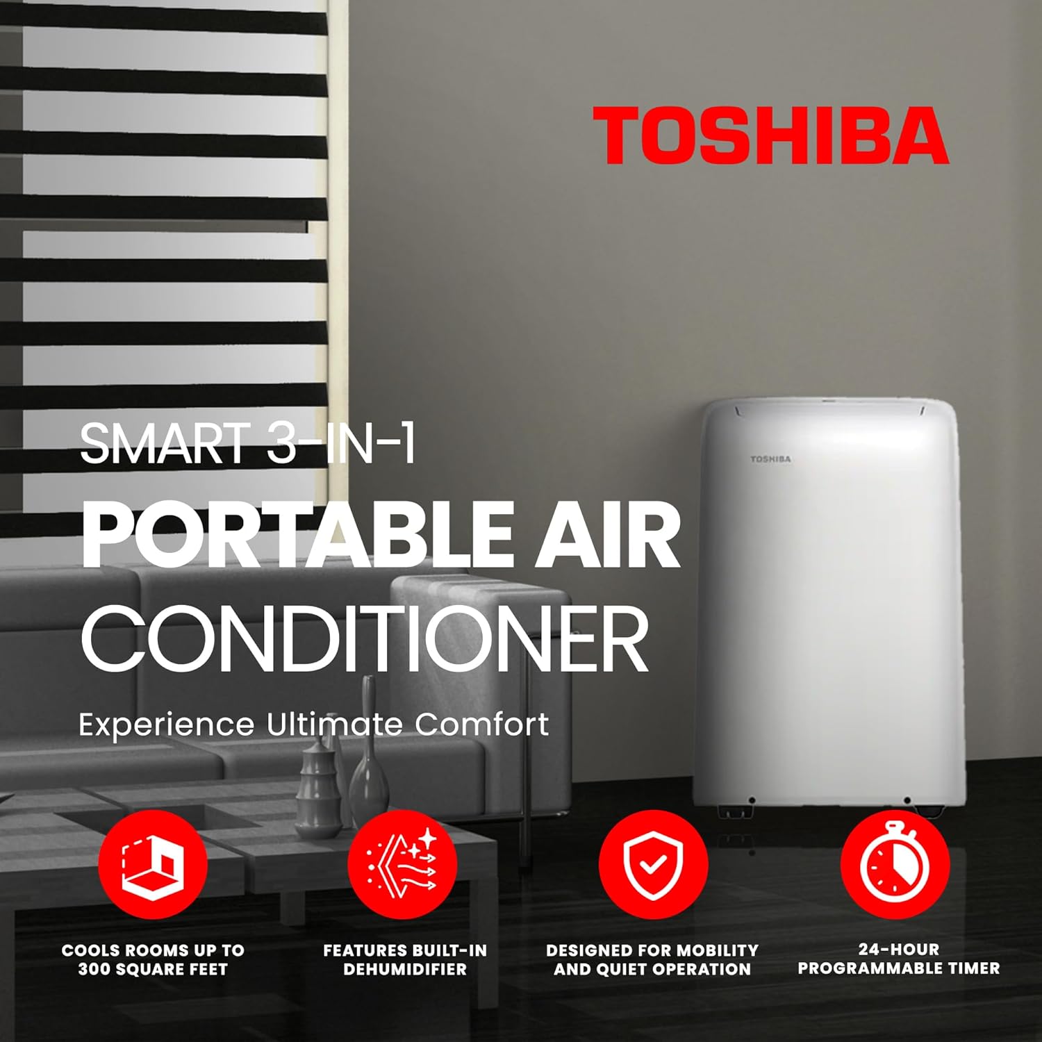 Toshiba RAC-PD1013CWRU 300 Sq.ft. Smart 3-1 Portable Air Conditioner (Renewed)