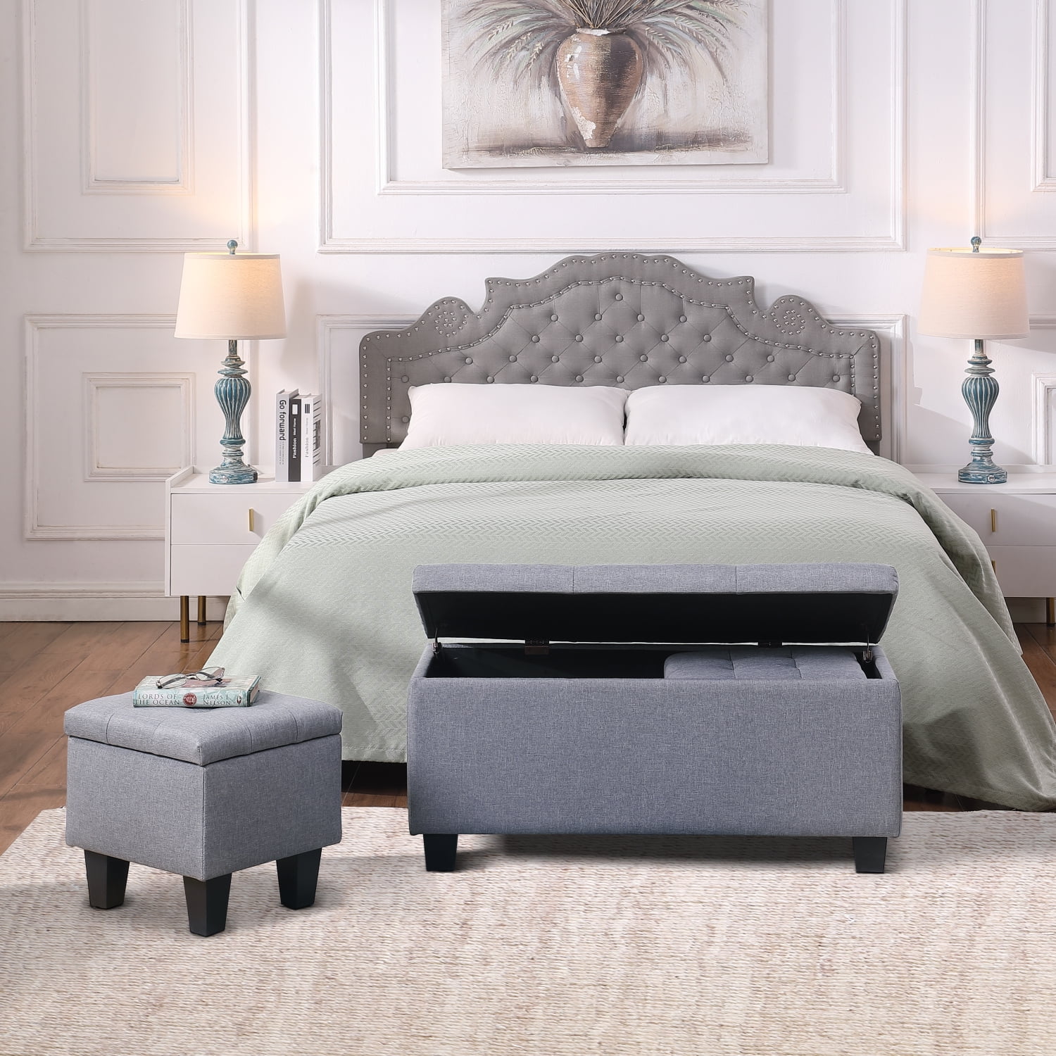 Holaki 3 in 1 Large Storage Ottoman Bench Set, Combination Tufted Ottoman Linen Bench for Living Room, Entryway, Hallway, Bedroom, Gray