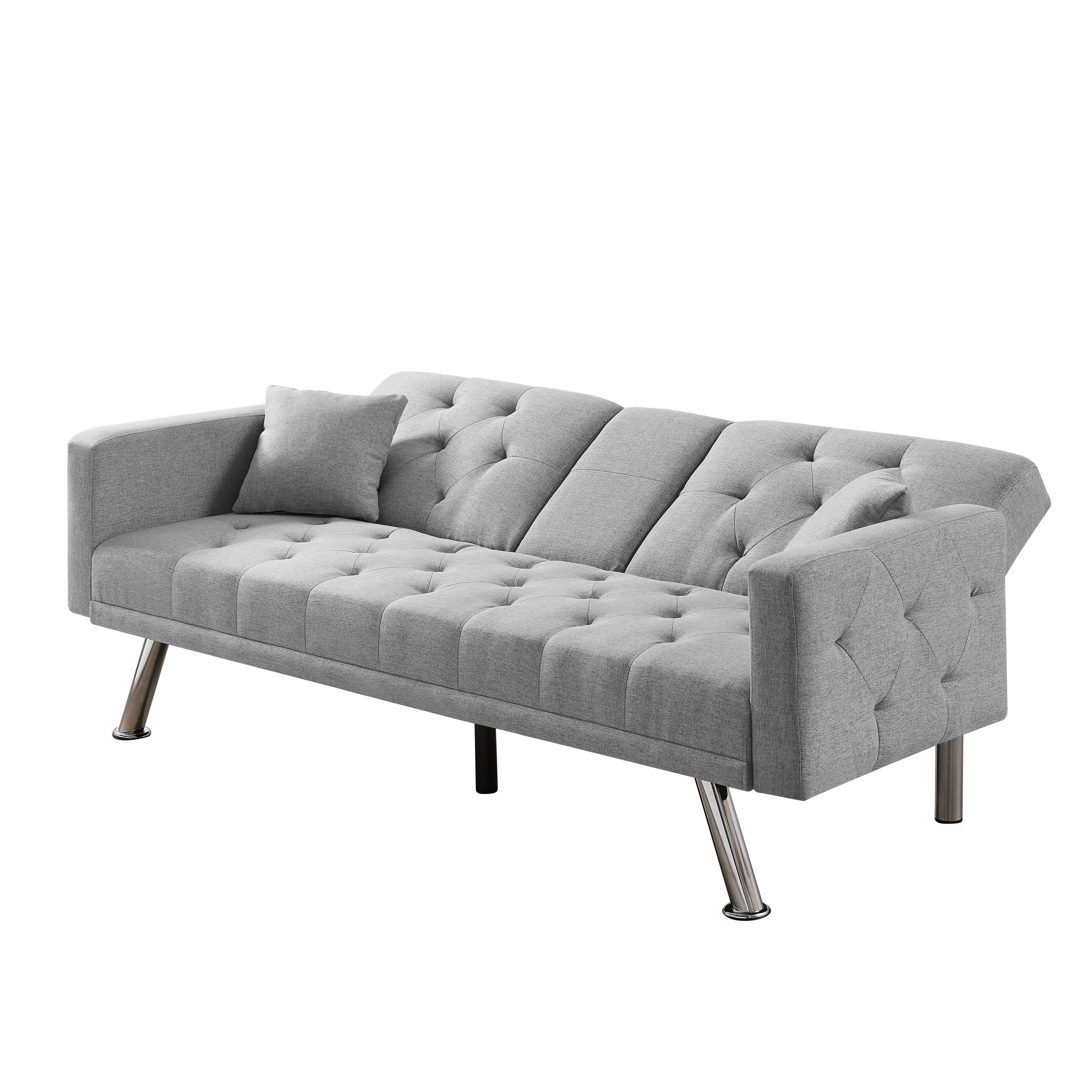 Yangming 76 Inch Futon Sofa Bed with Cup Holders, Linen Convertible Folding Futon Couch with Adjustable Backrest and Throw Pillows Green