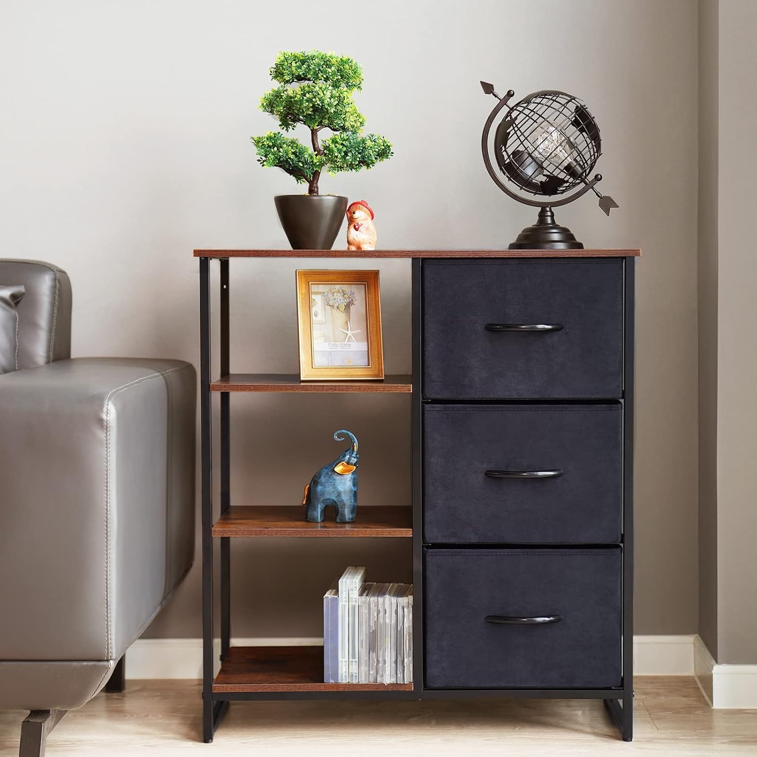 LYNCOHOME Dresser with 3 Drawers and Shelves, Storage Cabinet, Office Lateral File Cabinets, Shlef Storage Organizer for Bedroom, Livingroom, Office(Left Shelf)