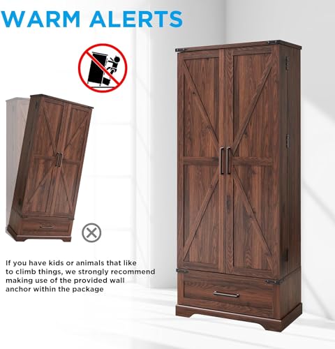 72" Farmhouse Kitchen Pantry Cabinet with Drawer, Tall Storage Cabinet with 2 Barn Doors and Shelves, Versatile Large Rustic Cupboard for Dining Room, Bathroom, Living Room, Laudry, White