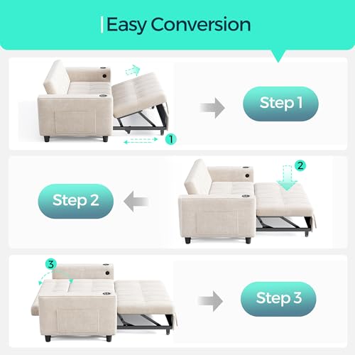 LINSY 3-in-1 Convertible Sofa Bed, 54" Pull Out Sleeper Sofa with Charging Station & Cup Holder, Small Folding Loveseat with Side Pocket for Small Space, Corduroy Couch, Green