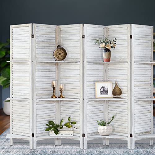 Room Divider with Shelves, Privacy Screen, Room Dividers and Folding Privacy Screens, 5 Panel Wood Temporary Wall Partition Separation Separator, Coconut