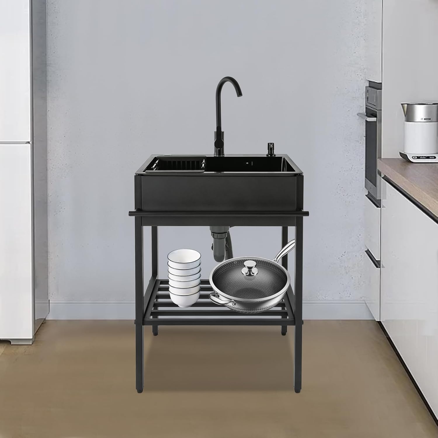 Stainless Steel Utility Sink,Free Standing Single Bowl Kitchen Sink with Cold and Hot Faucet Water Pipe kit,Stainless Steel Sink for Laundry Room,Garage,Basement,Outdoor Indoor Sink