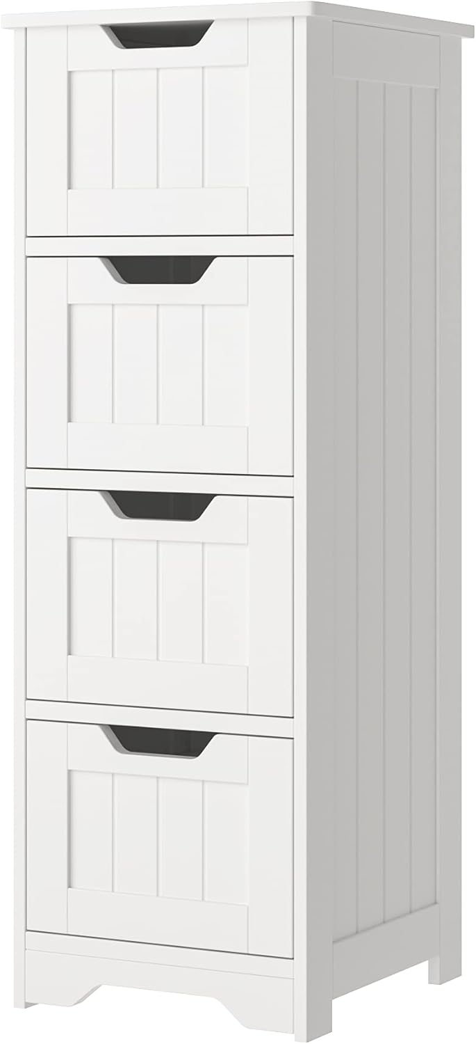 Bathroom Floor Storage Cabinet with 4 Drawers, 11.8 x 11.8 x 32.3 Inch Free Standing Entryway Cupboard Storage Organizer Unit for Home Multipurpose, White