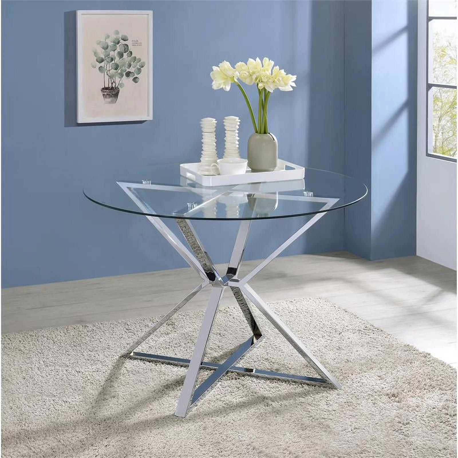 Furniture of America Leonisis Glass Top Round Dining Table in Chrome