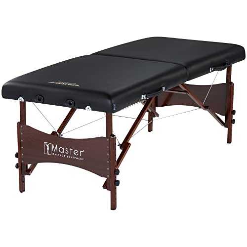 Master Massage Newport Portable Massage Table Package with Denser 2.5" Cushion, Walnut Stained Hardwood, Steel Support Cables, Pillows & Accessories, Black, 30"