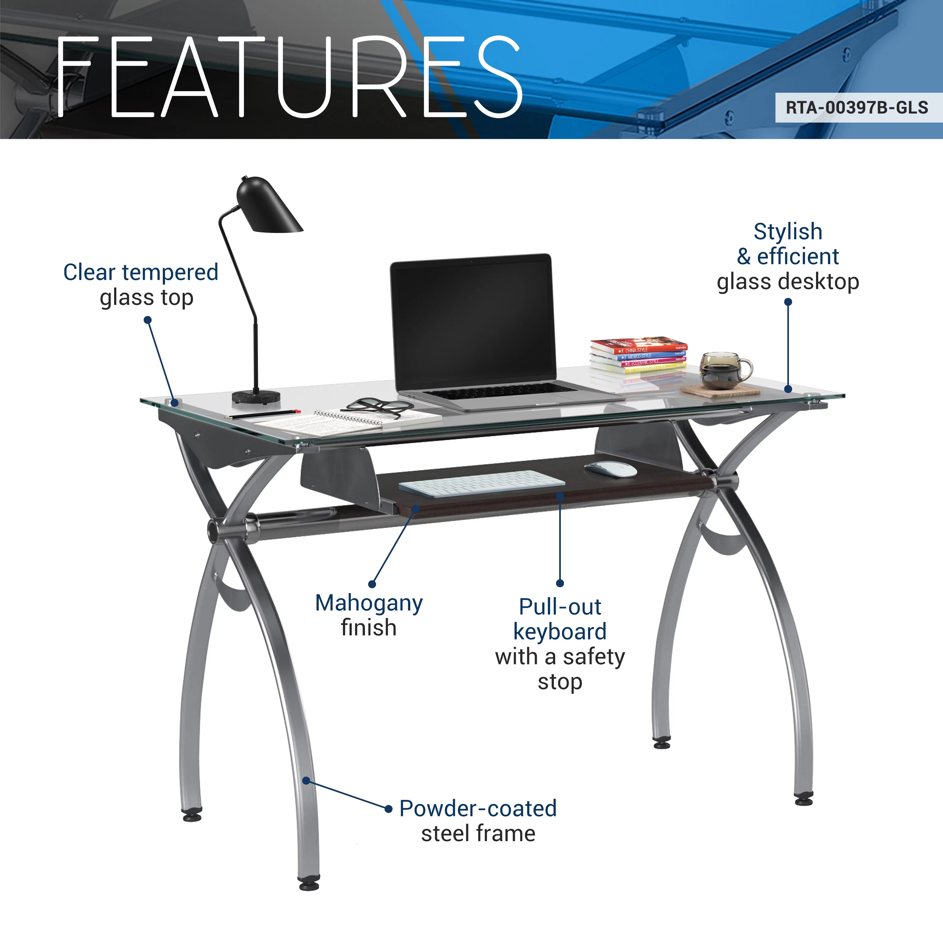 Techni Mobili Glass Top Computer Desk with Keyboard Tray & Silver Legs for Home Office or Study