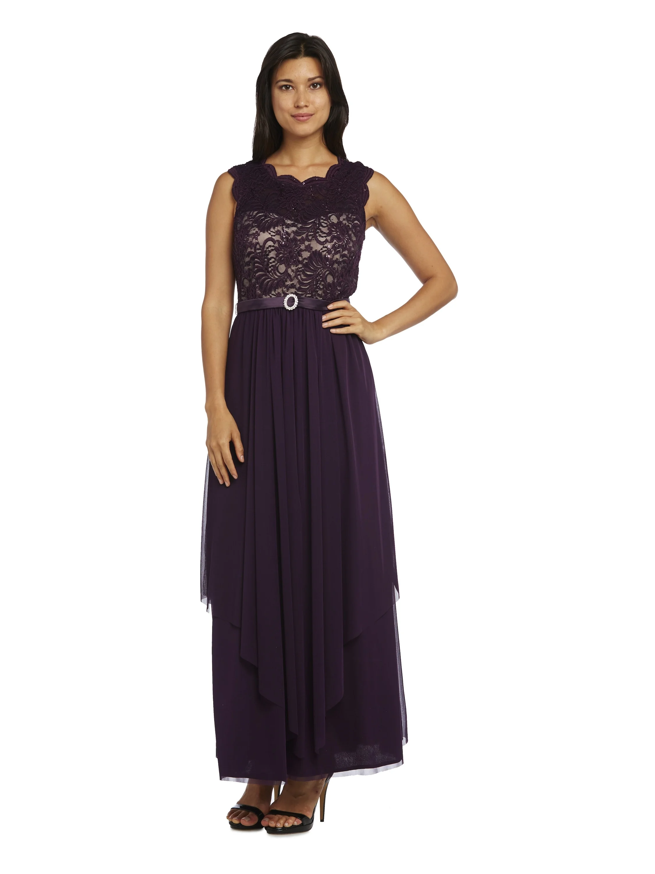 R & M Richards Women's Sequin Lace Embroidered A-line Dress, Navy/Taupe, 10