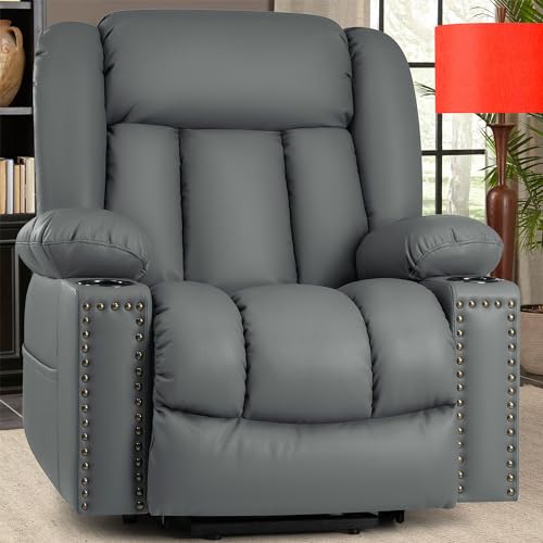 Large Power Lift Chairs Recliners for Elderly with Heated and Massage, Overstuffed Adjustable Lift Chairs, 3 Positions, Breathable Leather, USB-A and USB-C, Cup Holder, Side Pocket Dark Brown